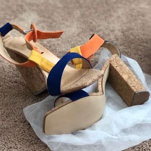 Orange/Yellow/Blue faux suede sandals w/cork heel.